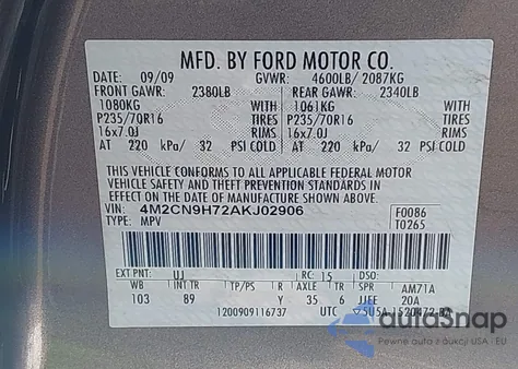 2010 Mercury Mariner Premier из США, поврежденный, VIN 4M2CN9H72AKJ02906